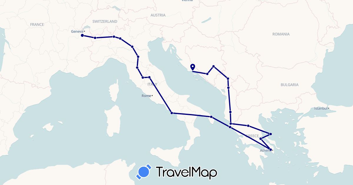 TravelMap itinerary: driving in Albania, Bosnia and Herzegovina, France, Greece, Croatia, Italy, Montenegro (Europe)